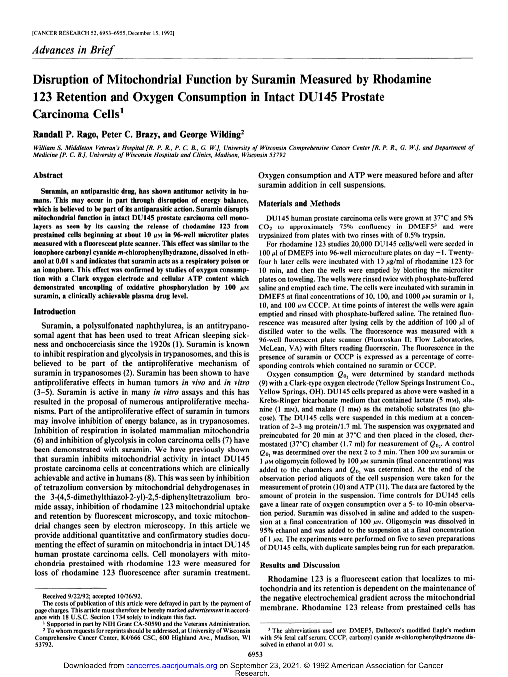 Disruption of Mitochondrial Function by Suramin Measured by Rhodamine 123 Retention and Oxygen Consumption in Intact DUI45 Prostate Carcinoma Cells I