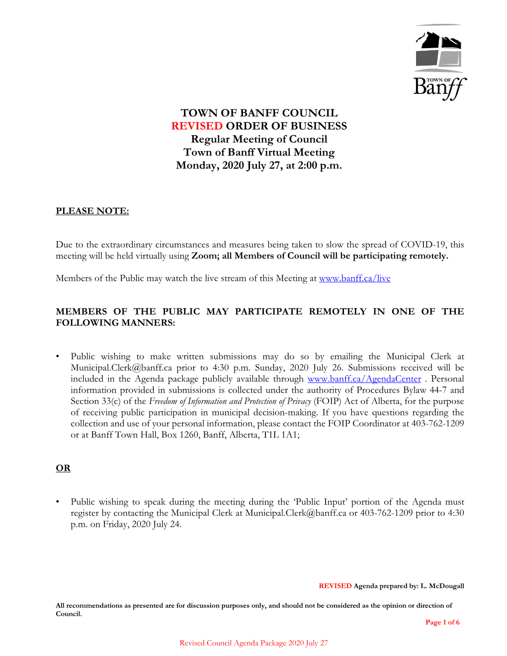 Revised Agenda for the 2020 July 27 Virtual Regular Meeting of Council