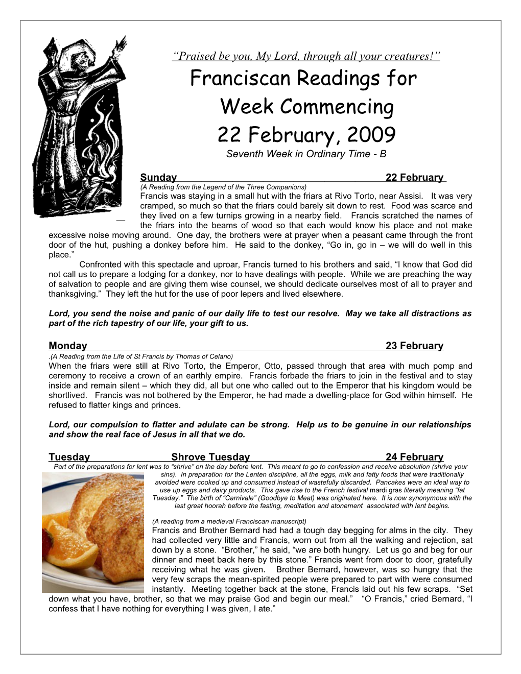 Franciscan Readings for Week Commencing 14Th July, 2003