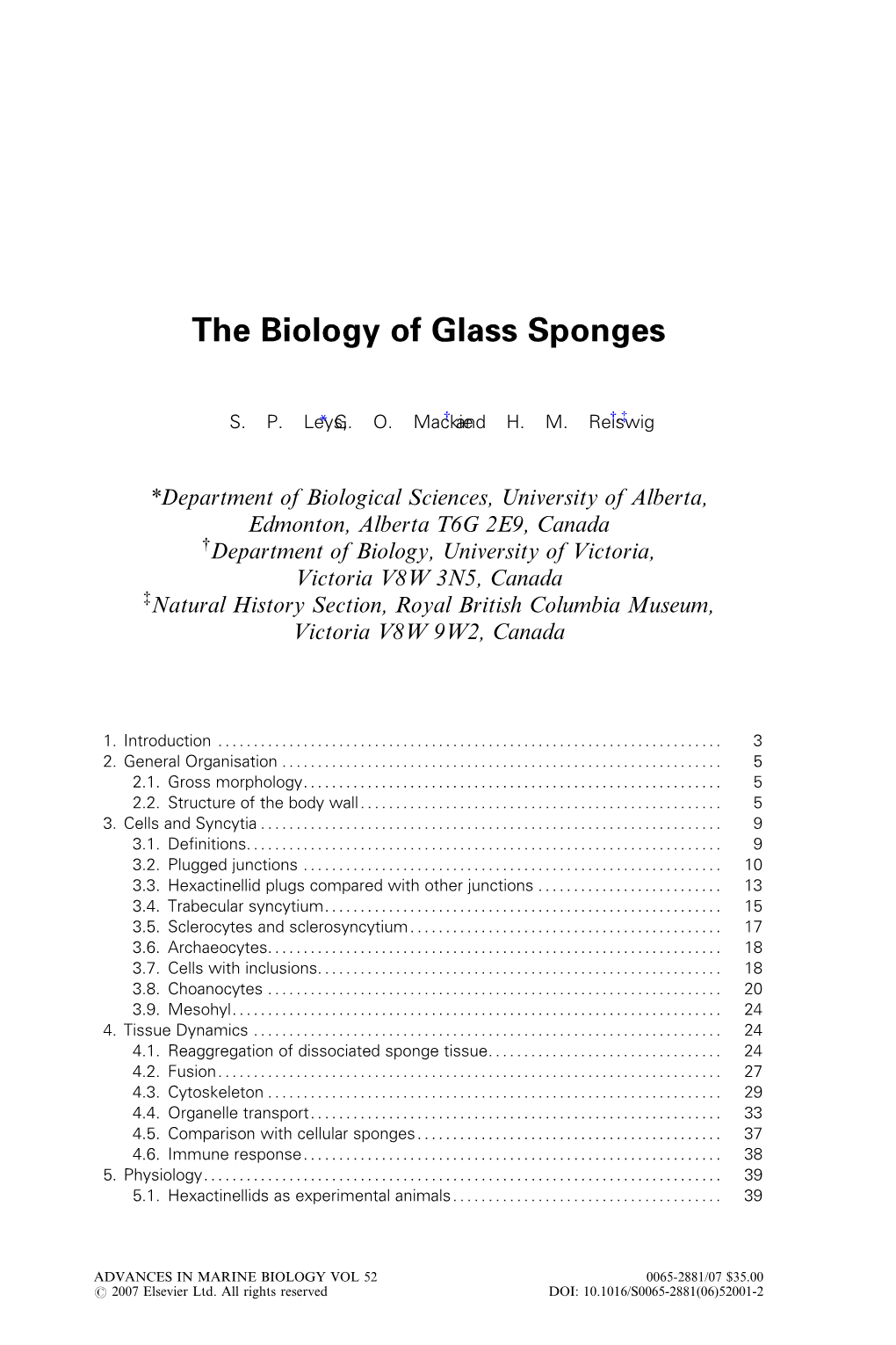 The Biology of Glass Sponges