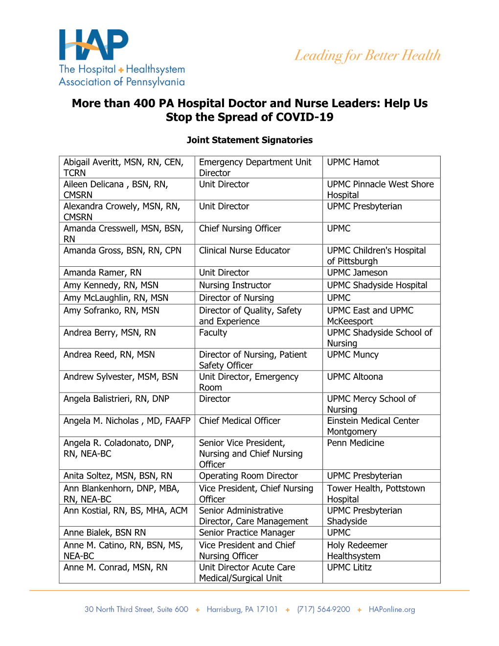 More Than 400 PA Hospital Doctor and Nurse Leaders: Help Us Stop the Spread of COVID-19
