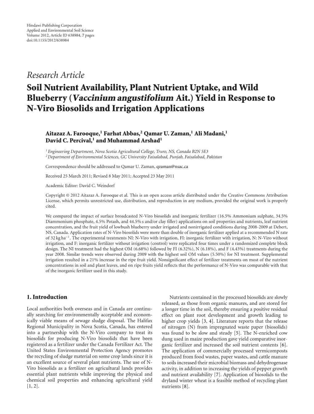 Soil Nutrient Availability, Plant Nutrient Uptake, and Wild Blueberry (Vaccinium Angustifolium Ait.) Yield in Response to N-Viro Biosolids and Irrigation Applications