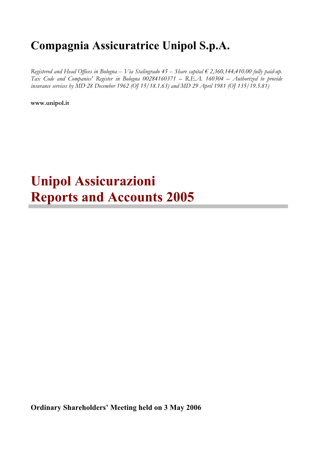 Unipol Assicurazioni Reports and Accounts 2005