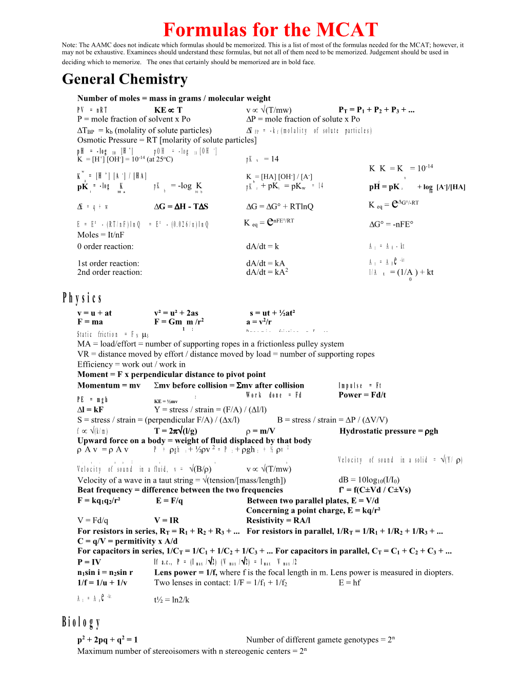 Formulas for the MCAT