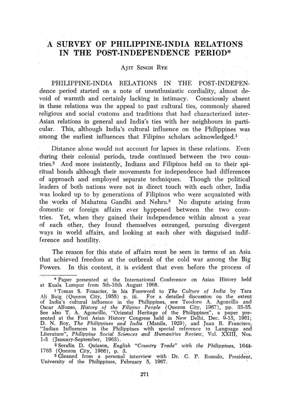 A Survey of Philippine-India Relations in the Post-Independence Period