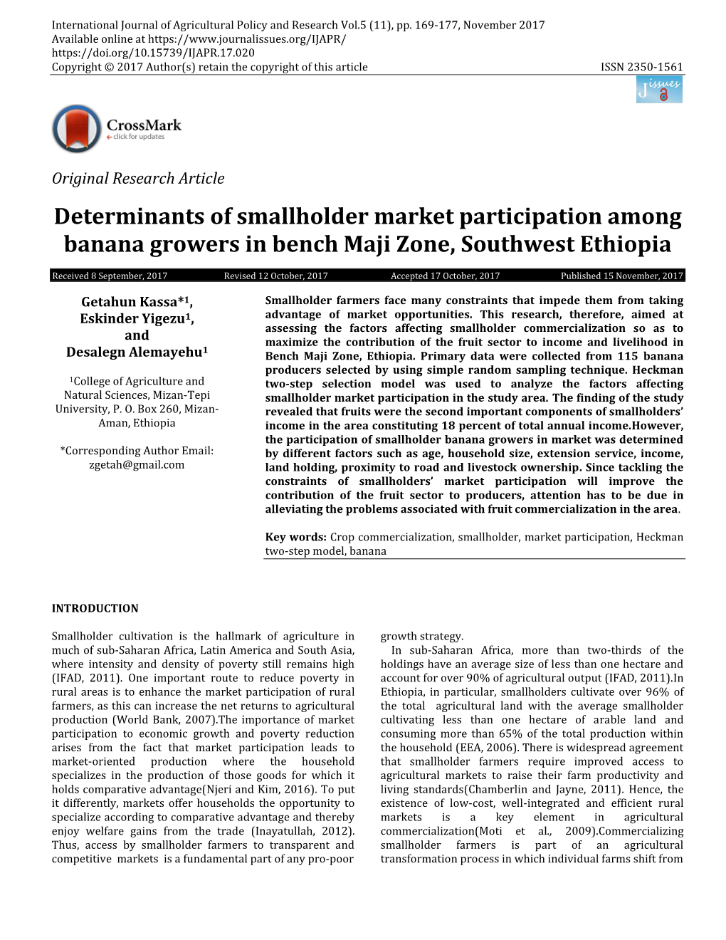 Determinants of Smallholder Market Participation Among Banana Growers in Bench Maji Zone, Southwest Ethiopia