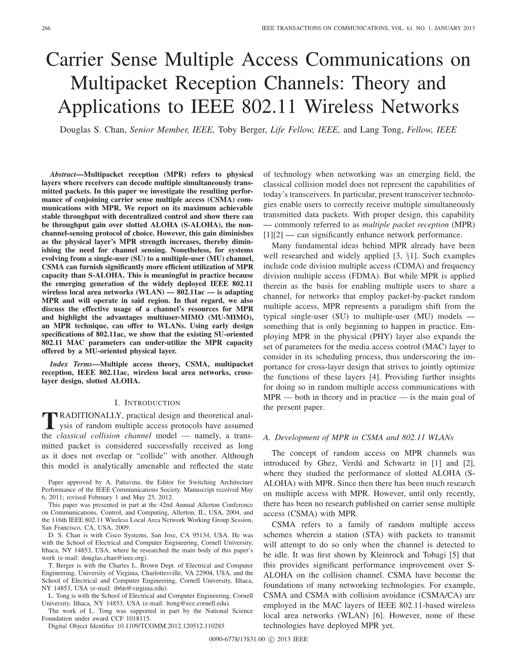 Theory and Applications to IEEE 802.11 Wireless Networks Douglas S
