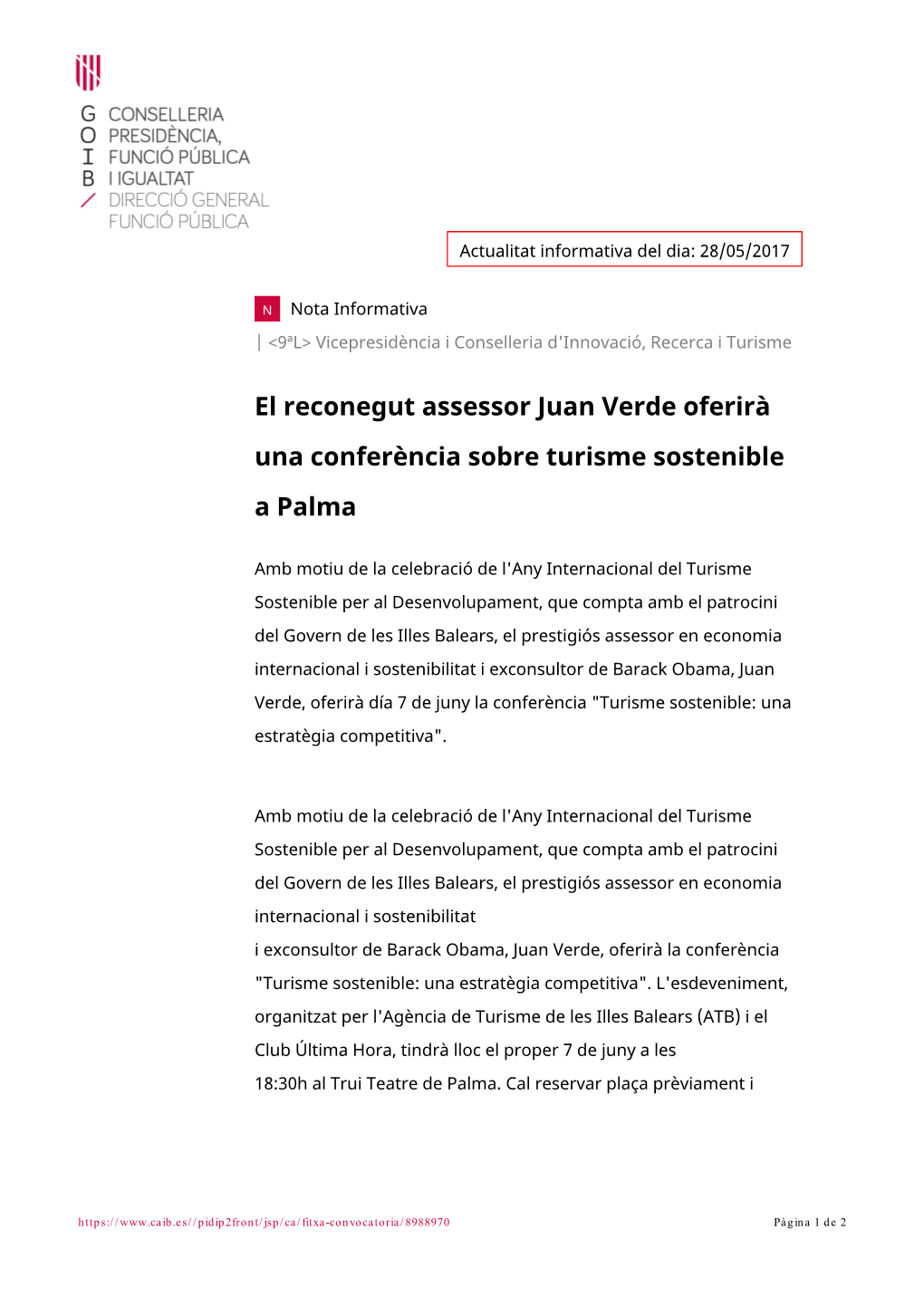 El Reconegut Assessor Juan Verde Oferirà Una Conferència Sobre Turisme Sostenible a Palma