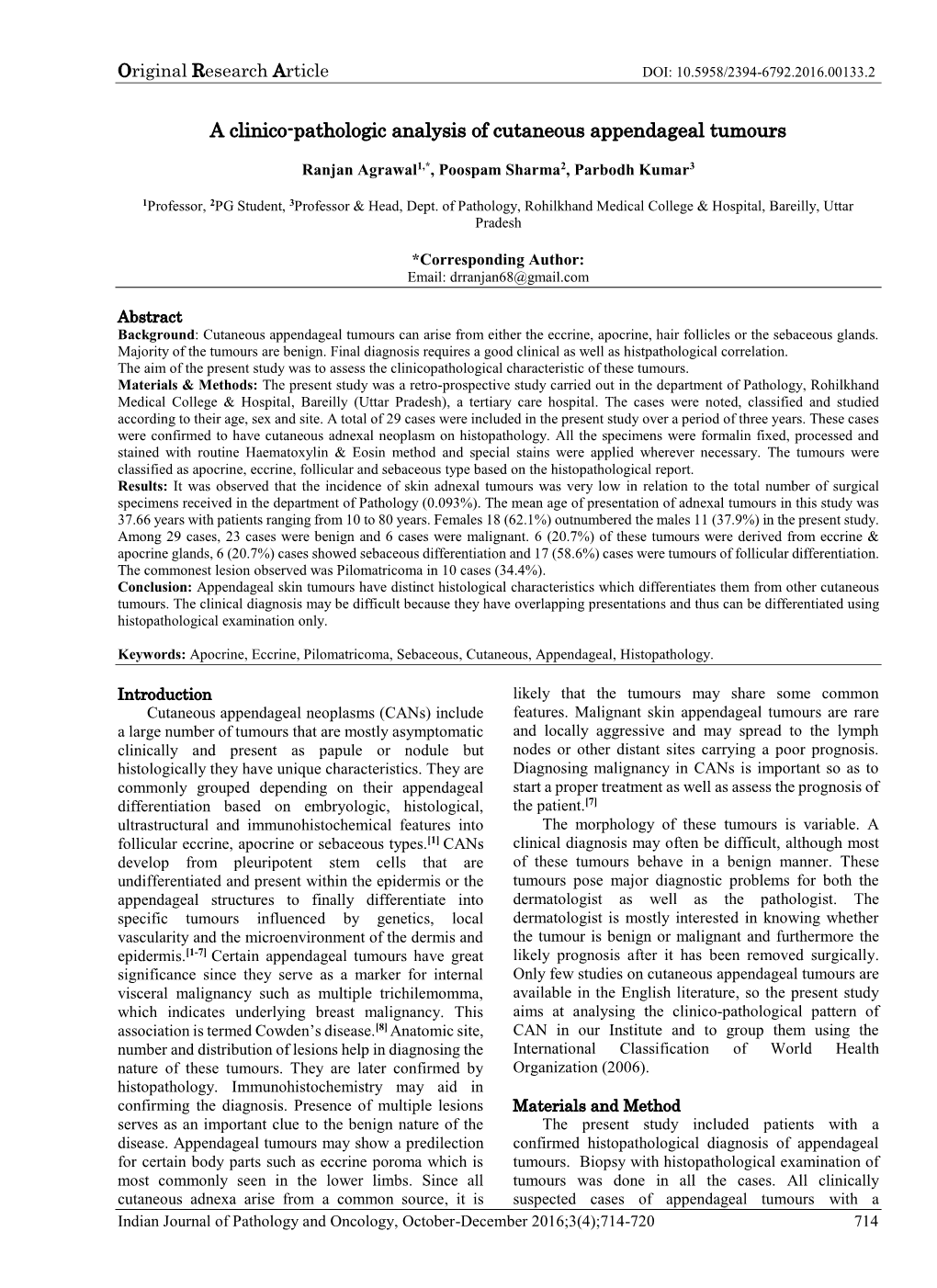 A Clinico-Pathologic Analysis of Cutaneous Appendageal Tumours