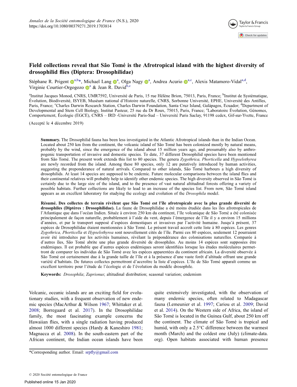 Field Collections Reveal That São Tomé Is the Afrotropical Island with the Highest Diversity of Drosophilid ﬂies (Diptera: Drosophilidae) Stéphane R