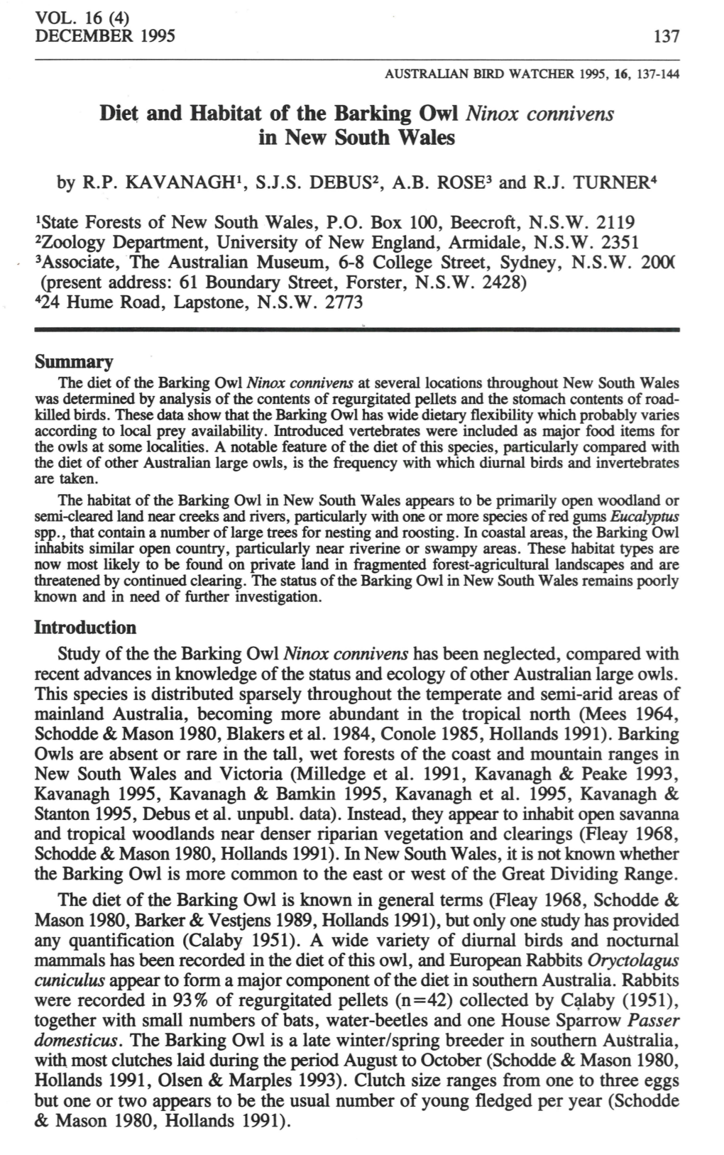 Diet and Habitat of the Barking Owl Ninox Connivens in New South Wales