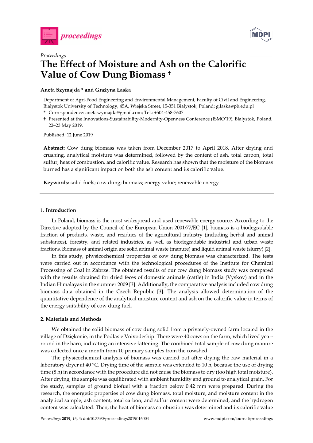 The Effect of Moisture and Ash on the Calorific Value of Cow Dung Biomass †