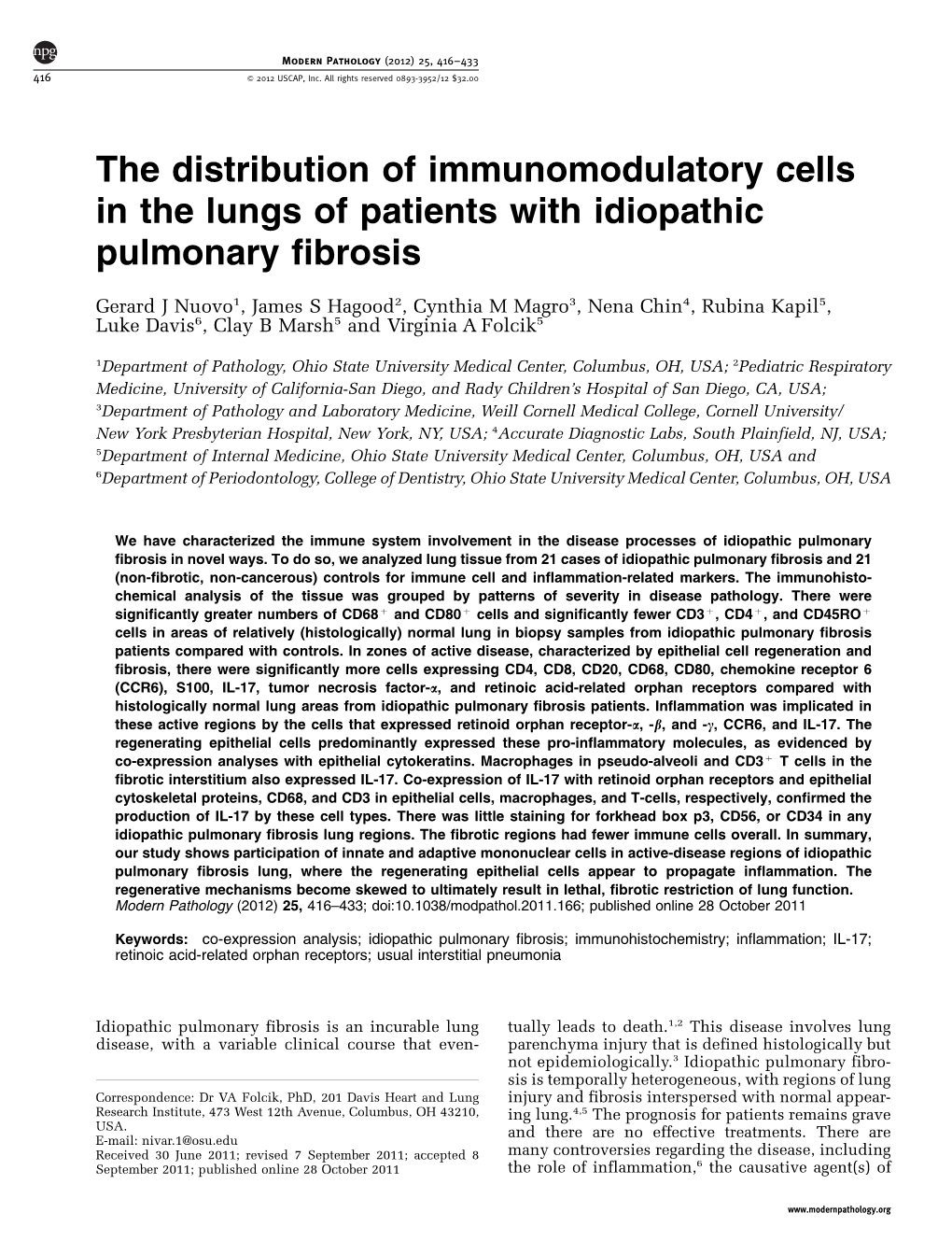 The Distribution of Immunomodulatory Cells in the Lungs of Patients with Idiopathic Pulmonary Fibrosis