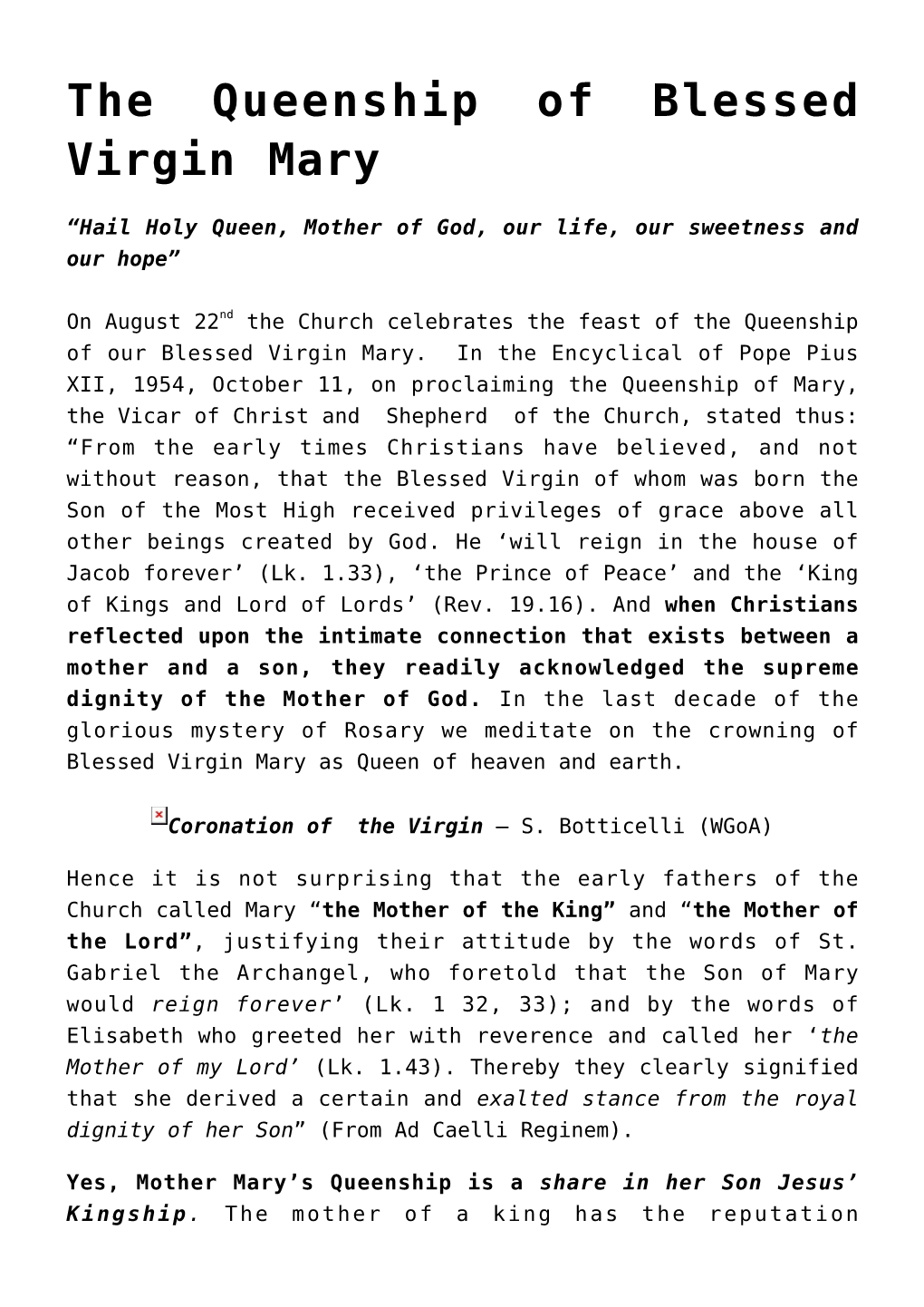 The Queenship of Blessed Virgin Mary