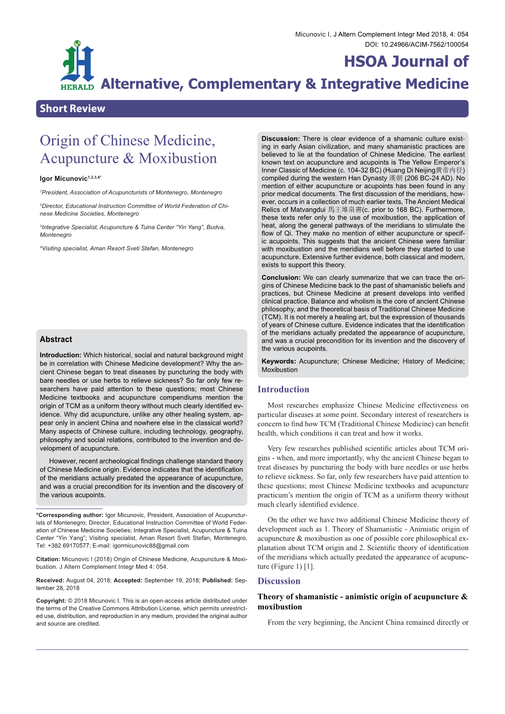 Origin of Chinese Medicine, Acupuncture & Moxibustion