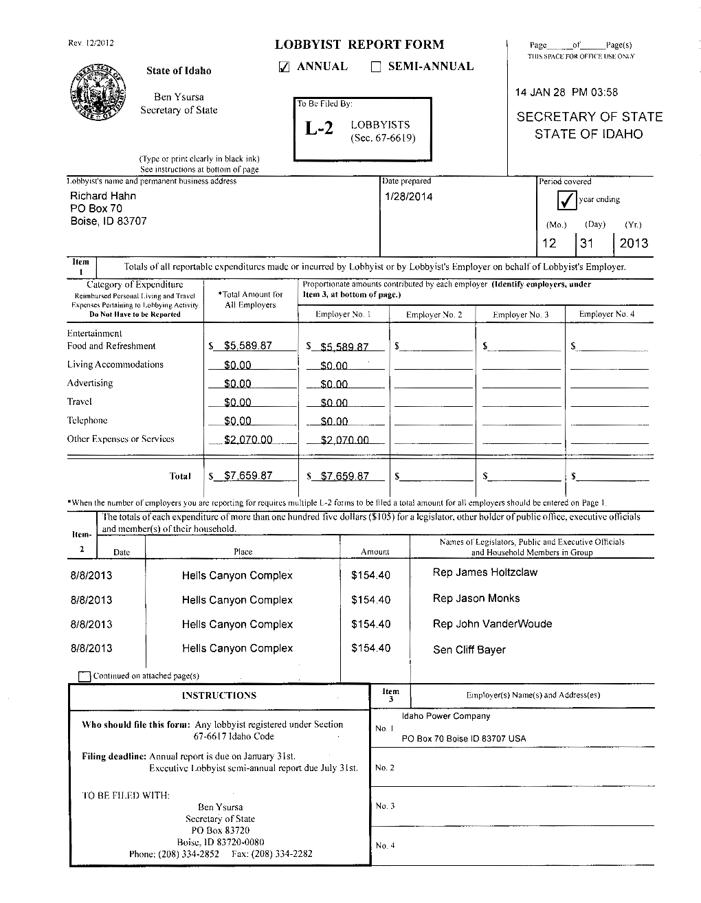 Lobbyist Report Form Secretary of State Sta Te of Idaho 12 31 2013