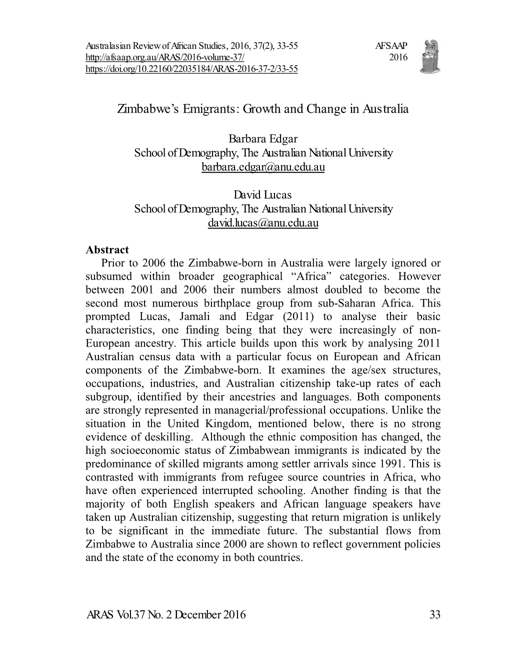 (2016). Zimbabwe's Emigrants: Growth and Change in Australia