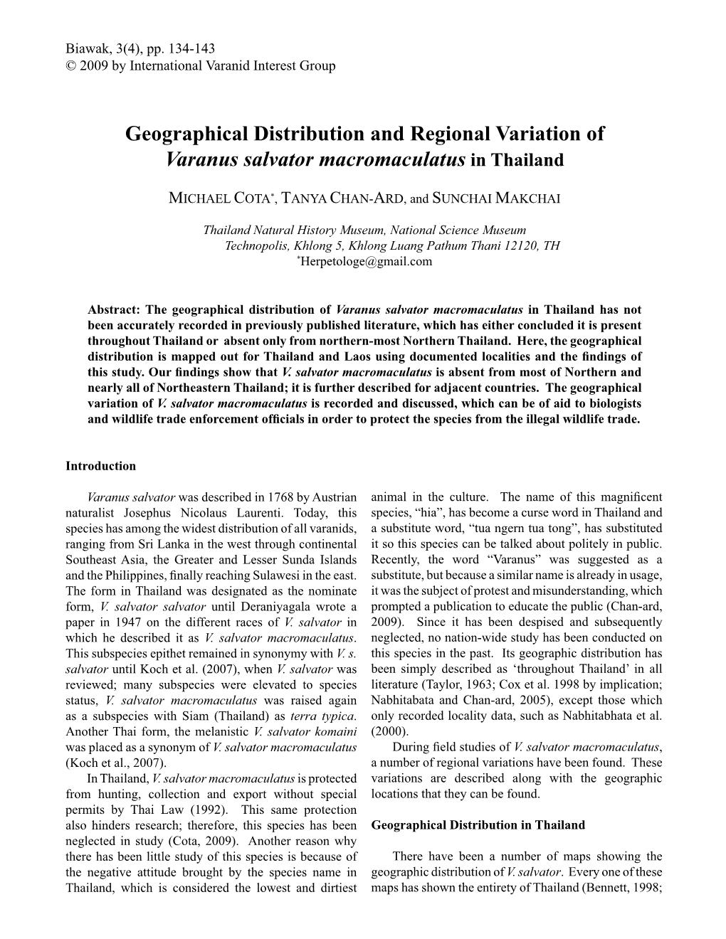 Geographical Distribution and Regional Variation of Varanus Salvator Macromaculatus in Thailand