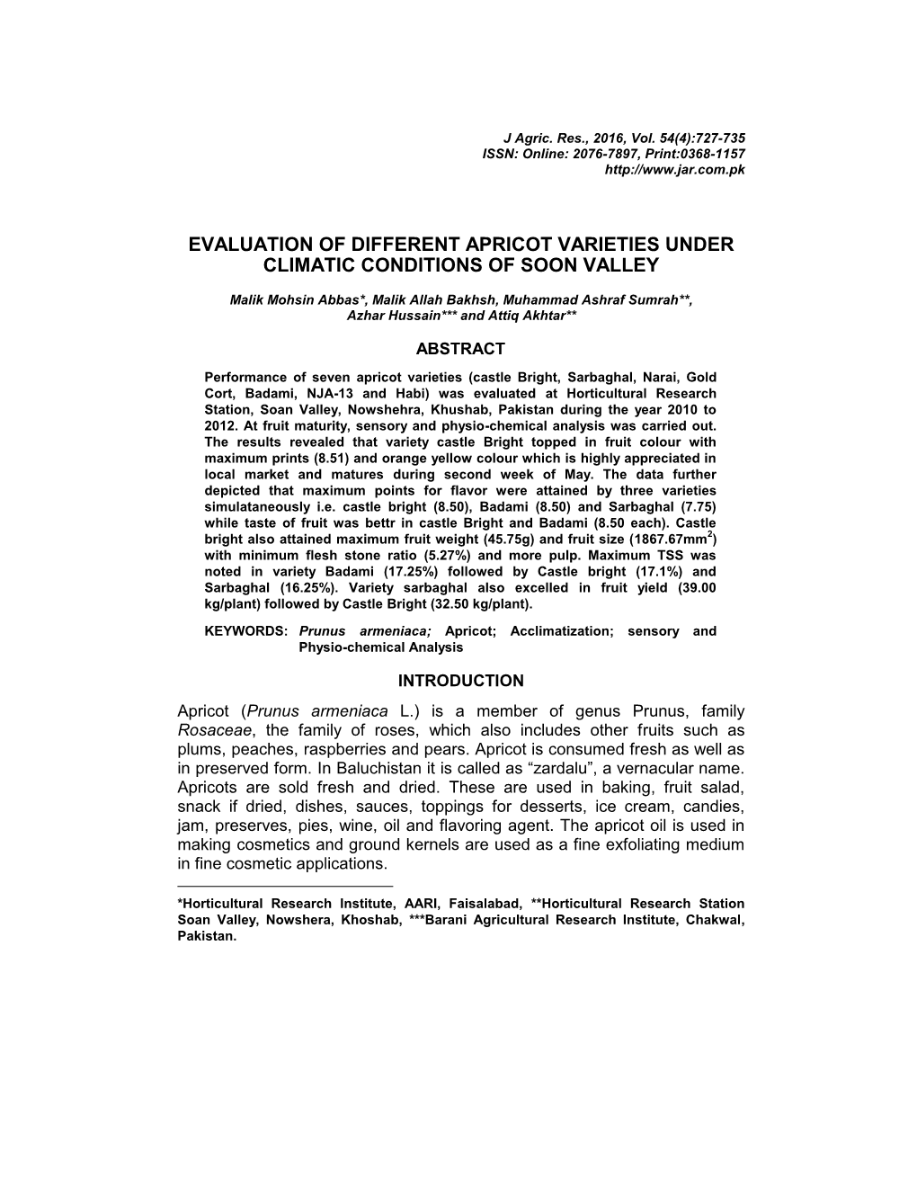 Evaluation of Different Apricot Varieties Under Climatic Conditions of Soon Valley