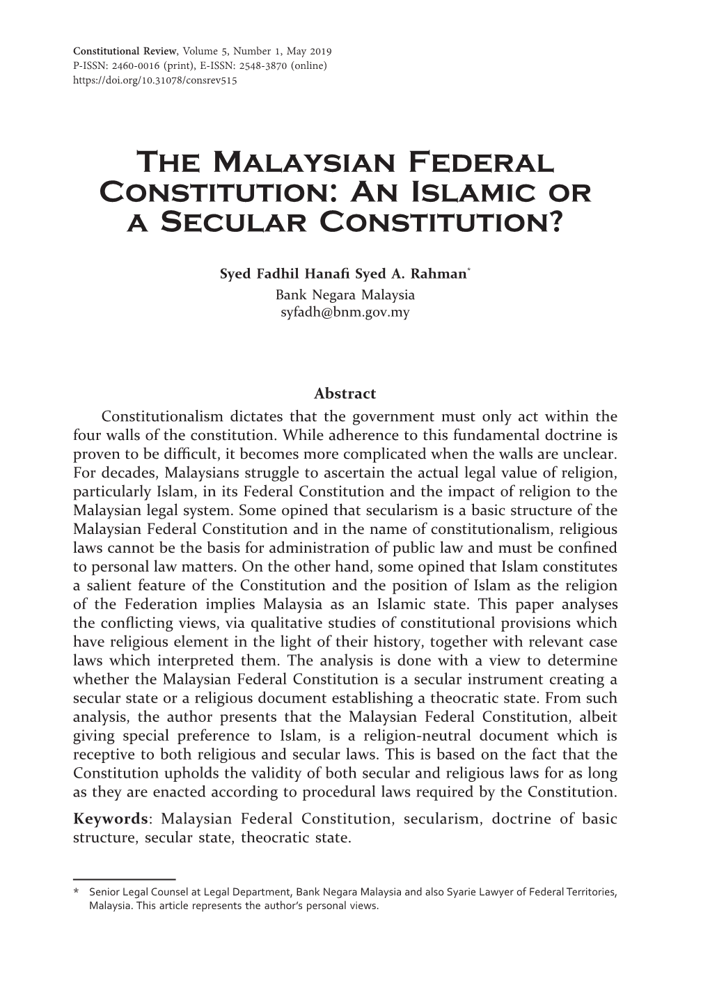 The Malaysian Federal Constitution: an Islamic Or a Secular Constitution?
