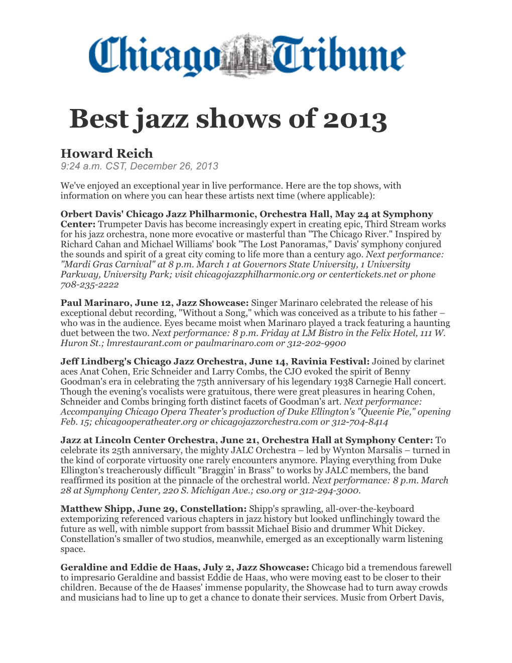 Chicago Tribune 'Best Jazz Shows of 2013' 2