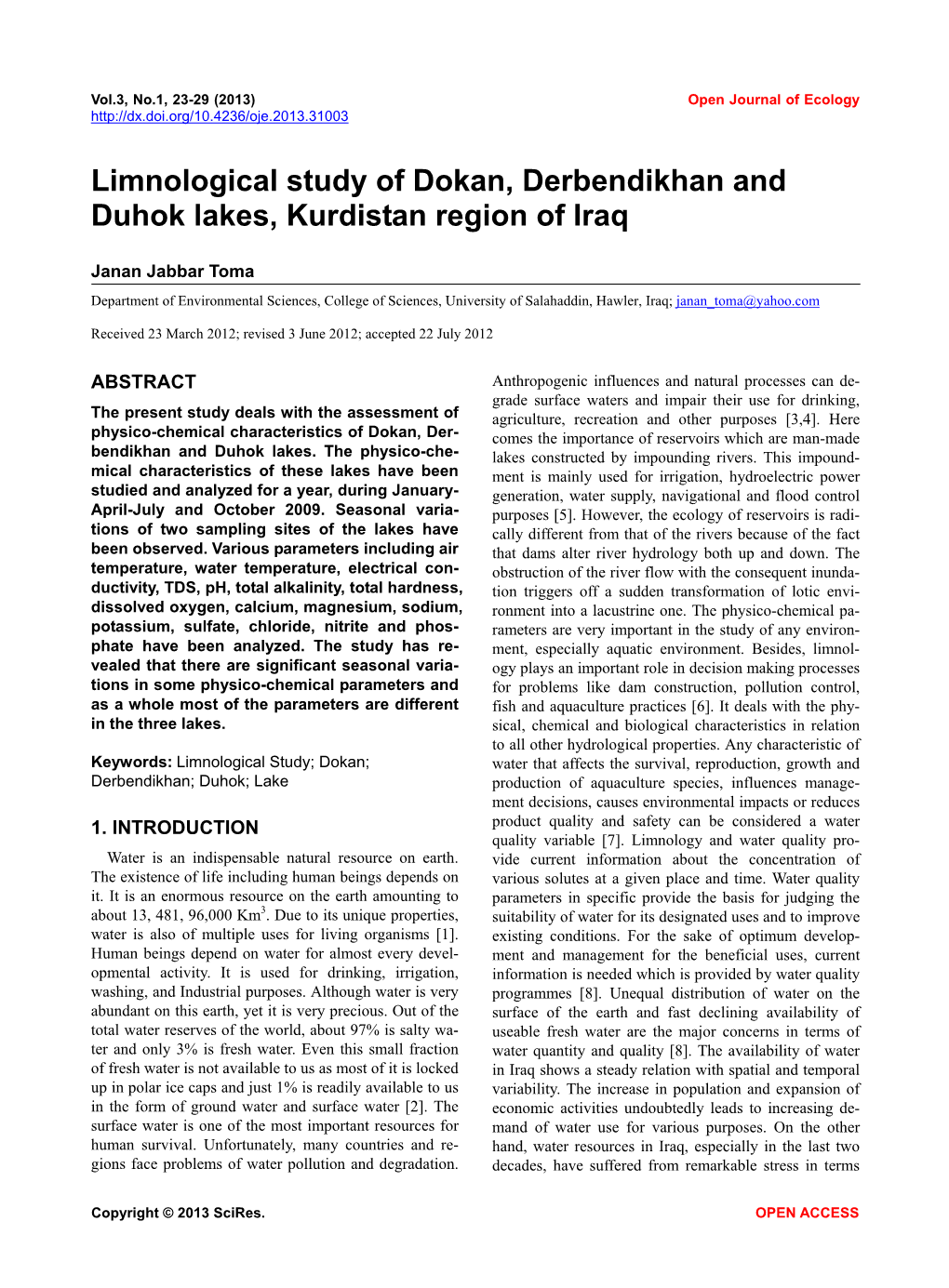 Limnological Study of Dokan, Derbendikhan and Duhok Lakes, Kurdistan Region of Iraq