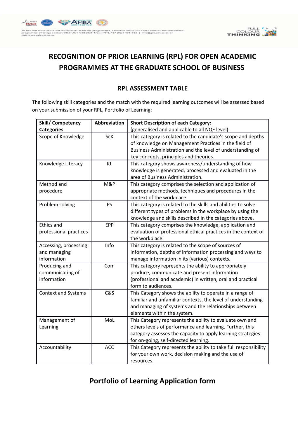 Recognition of Prior Learning (RPL) for Open Academic Programmes at the Graduate School