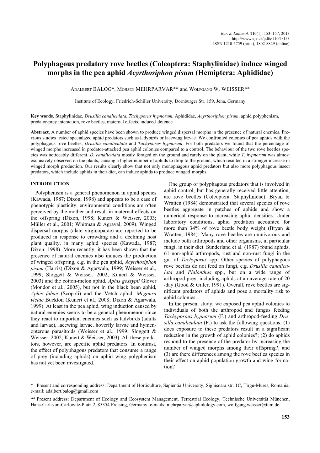 Polyphagous Predatory Rove Beetles (Coleoptera: Staphylinidae) Induce Winged Morphs in the Pea Aphid Acyrthosiphon Pisum (Hemiptera: Aphididae)