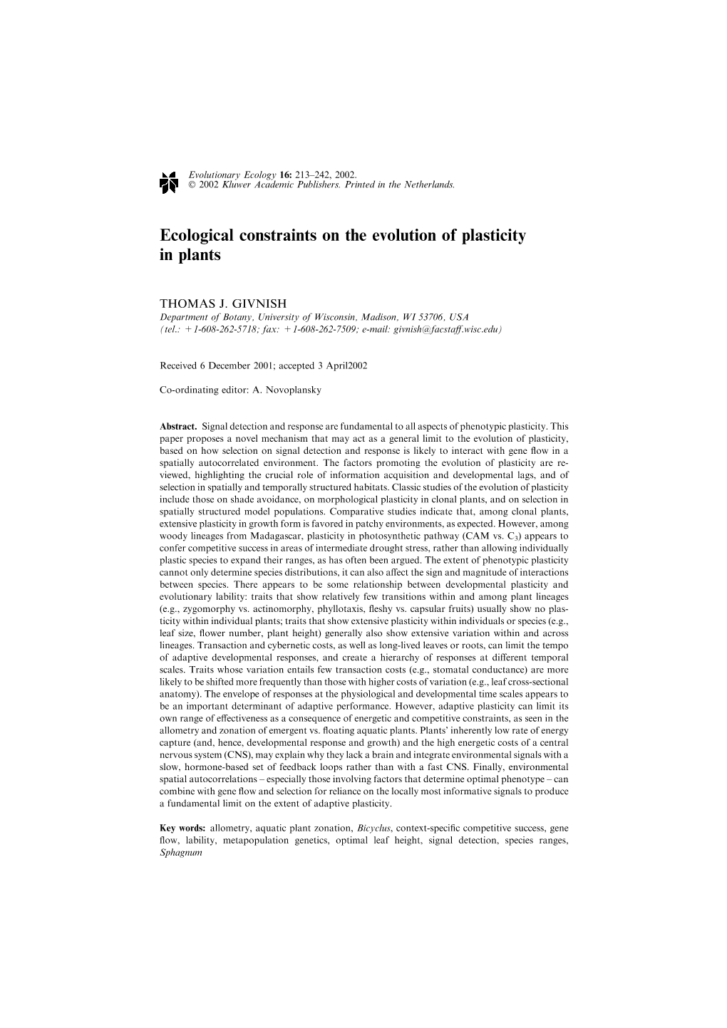 Ecological Constraints on the Evolution of Plasticity in Plants