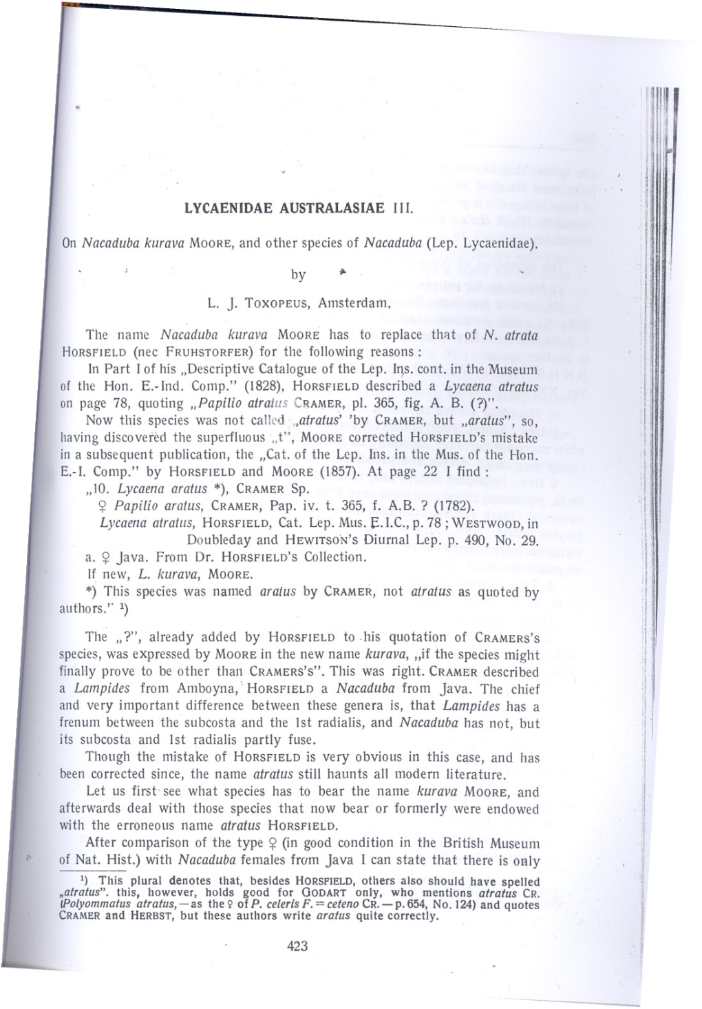 "T", MOORE Corrected HORSFIELD's Mistake in a Subsequent Publication, the "Cat