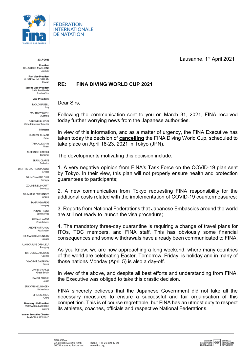 FINA DIVING WORLD CUP 2021 Dear Sirs, Following the Communication