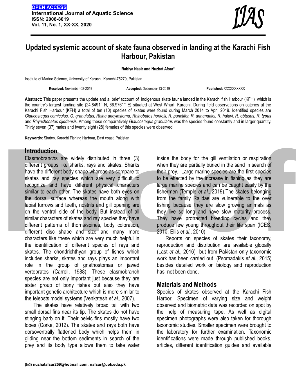 Updated Systemic Account of Skate Fauna Observed in Landing at the Karachi Fish Harbour, Pakistan