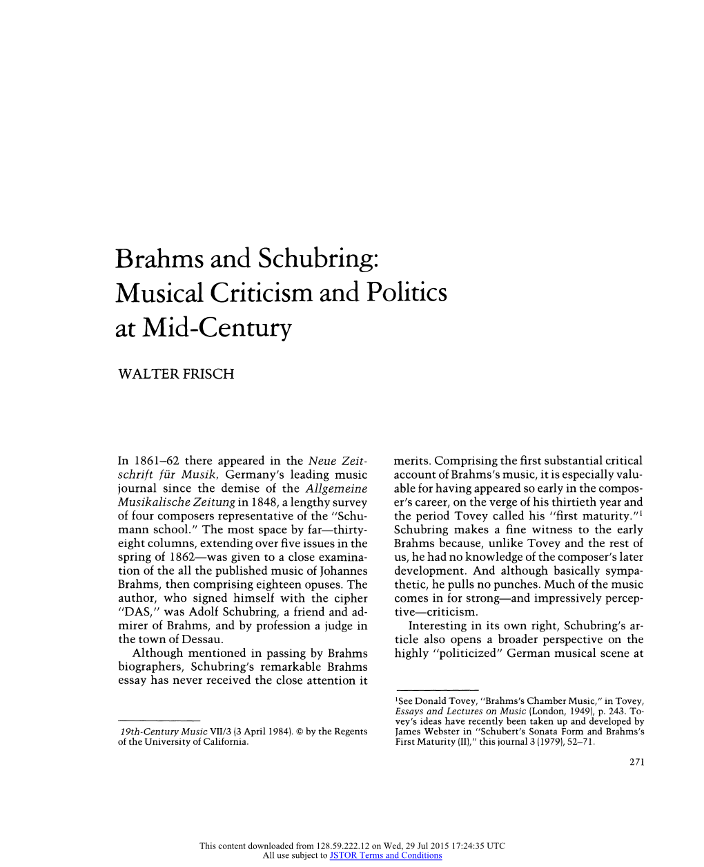 Brahms and Schubring: Musical Criticism and Politics at Mid-Century