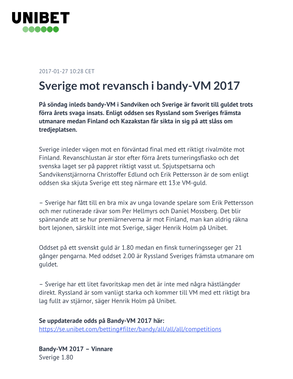 Sverige Mot Revansch I Bandy-VM 2017