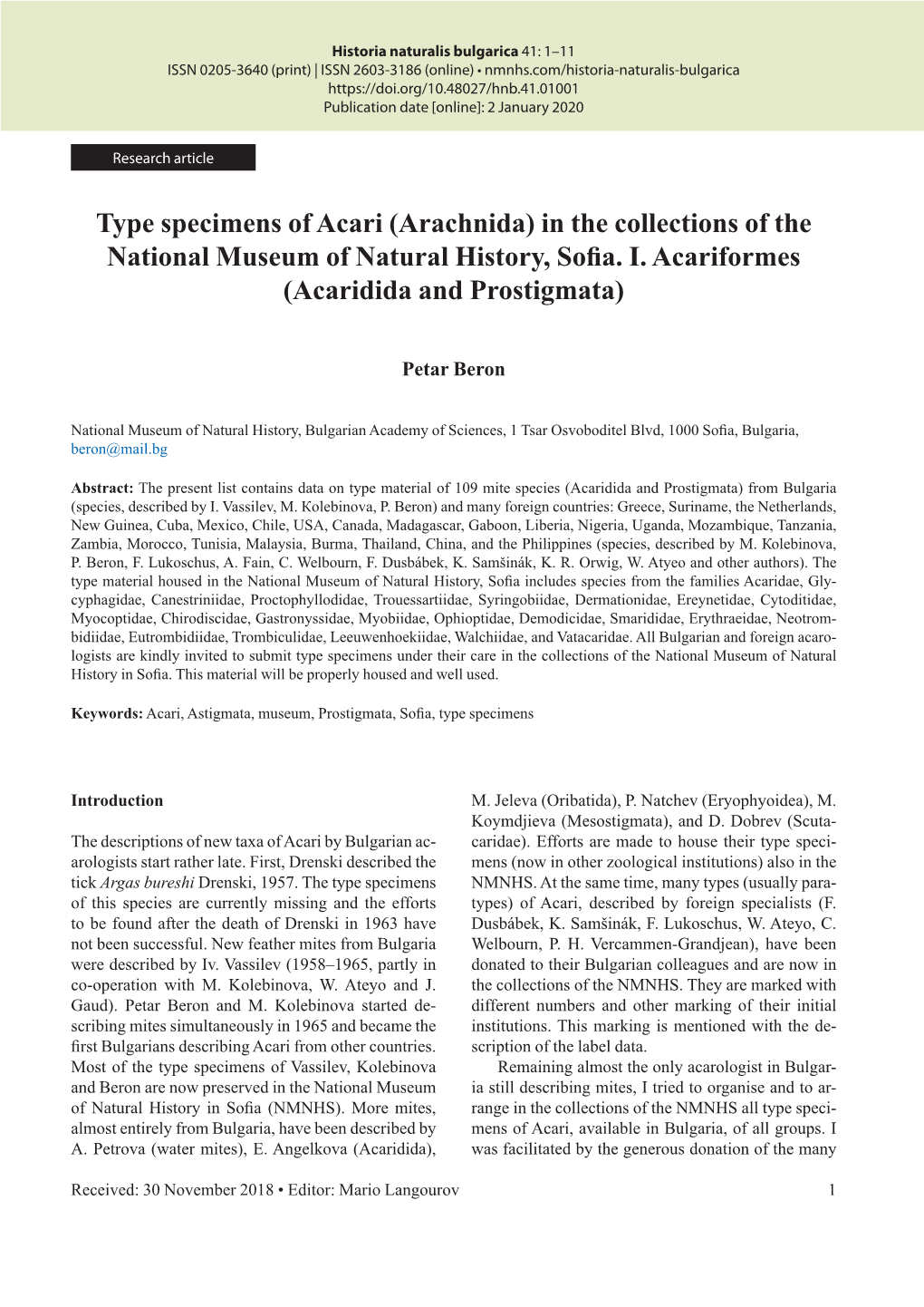 Type Specimens of Acari (Arachnida) in the Collections of the National Museum of Natural History, Sofia