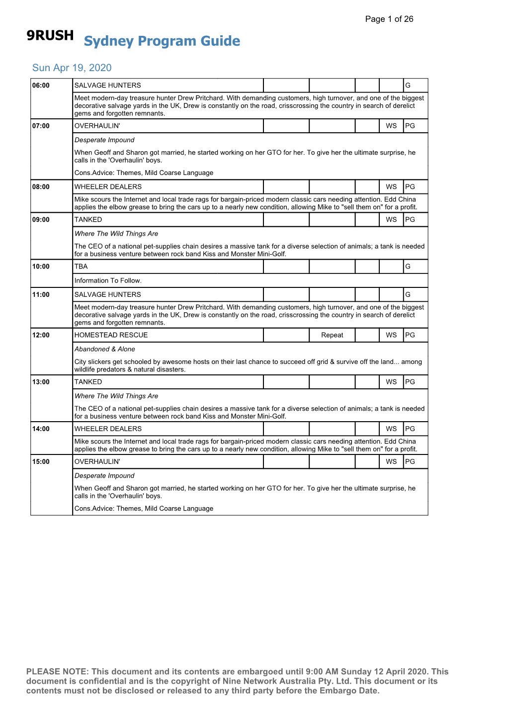 9RUSH Sydney Program Guide