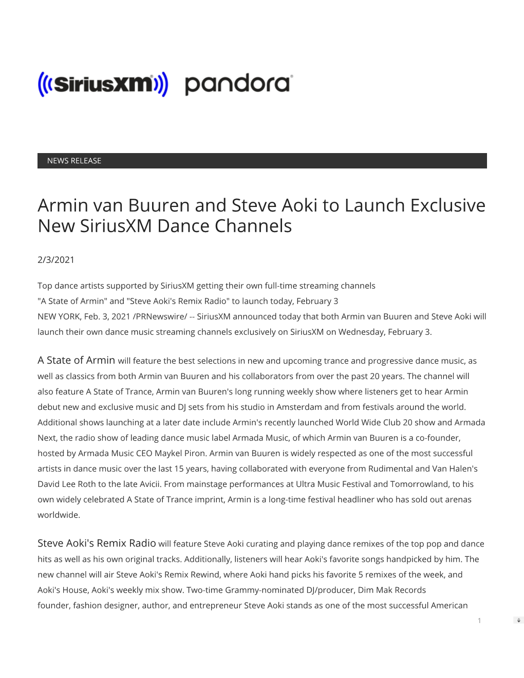 Armin Van Buuren and Steve Aoki to Launch Exclusive New Siriusxm Dance Channels