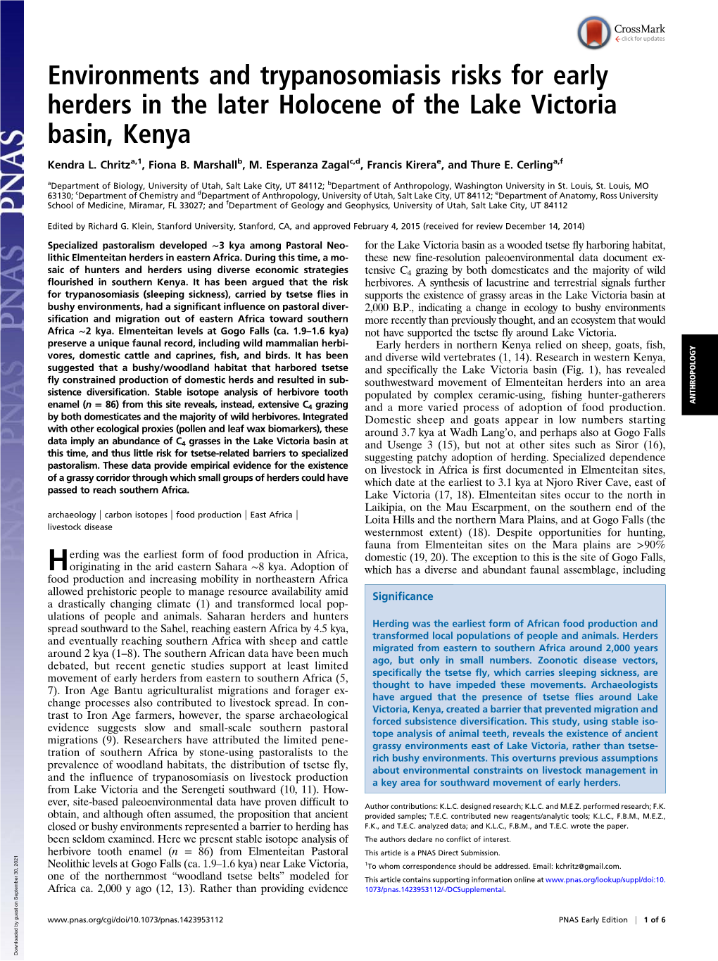 Environments and Trypanosomiasis Risks for Early Herders in the Later Holocene of the Lake Victoria Basin, Kenya