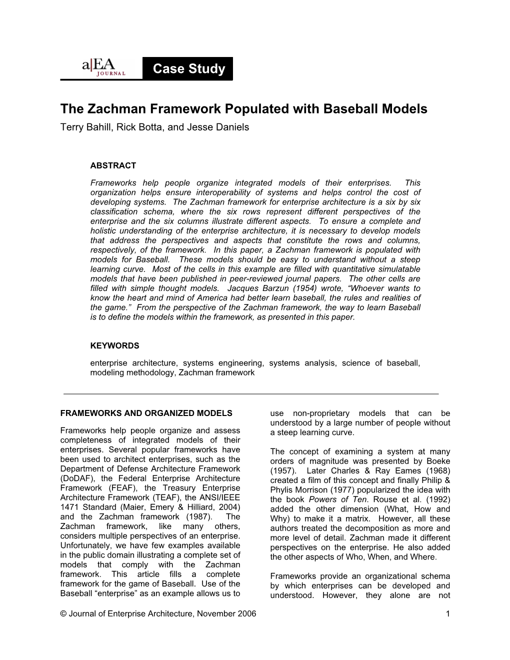 Case Study the Zachman Framework Populated with Baseball Models