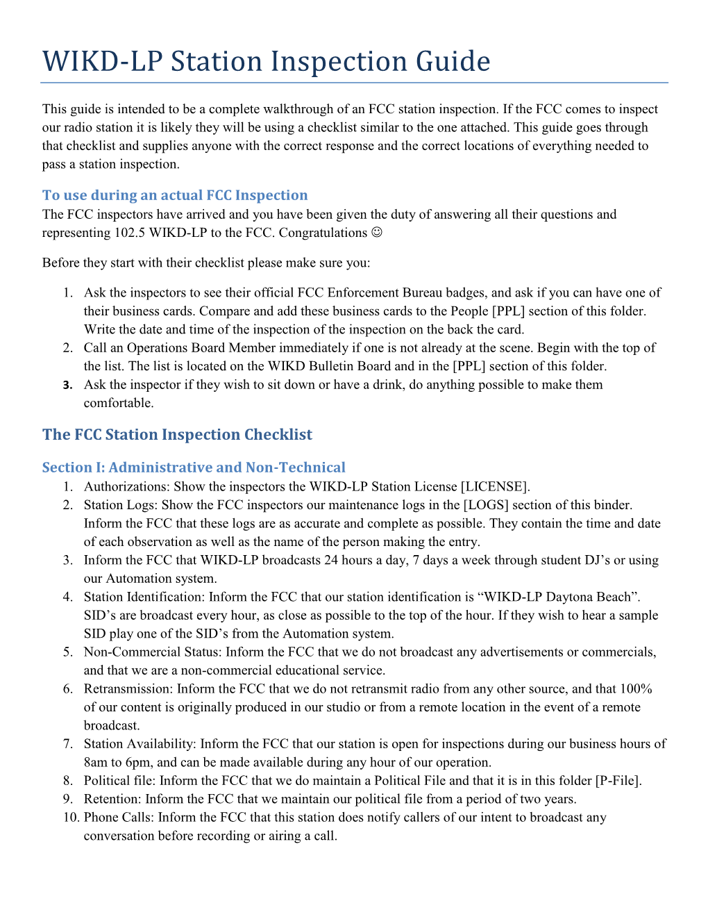 FCC Station Inspection Guidelines