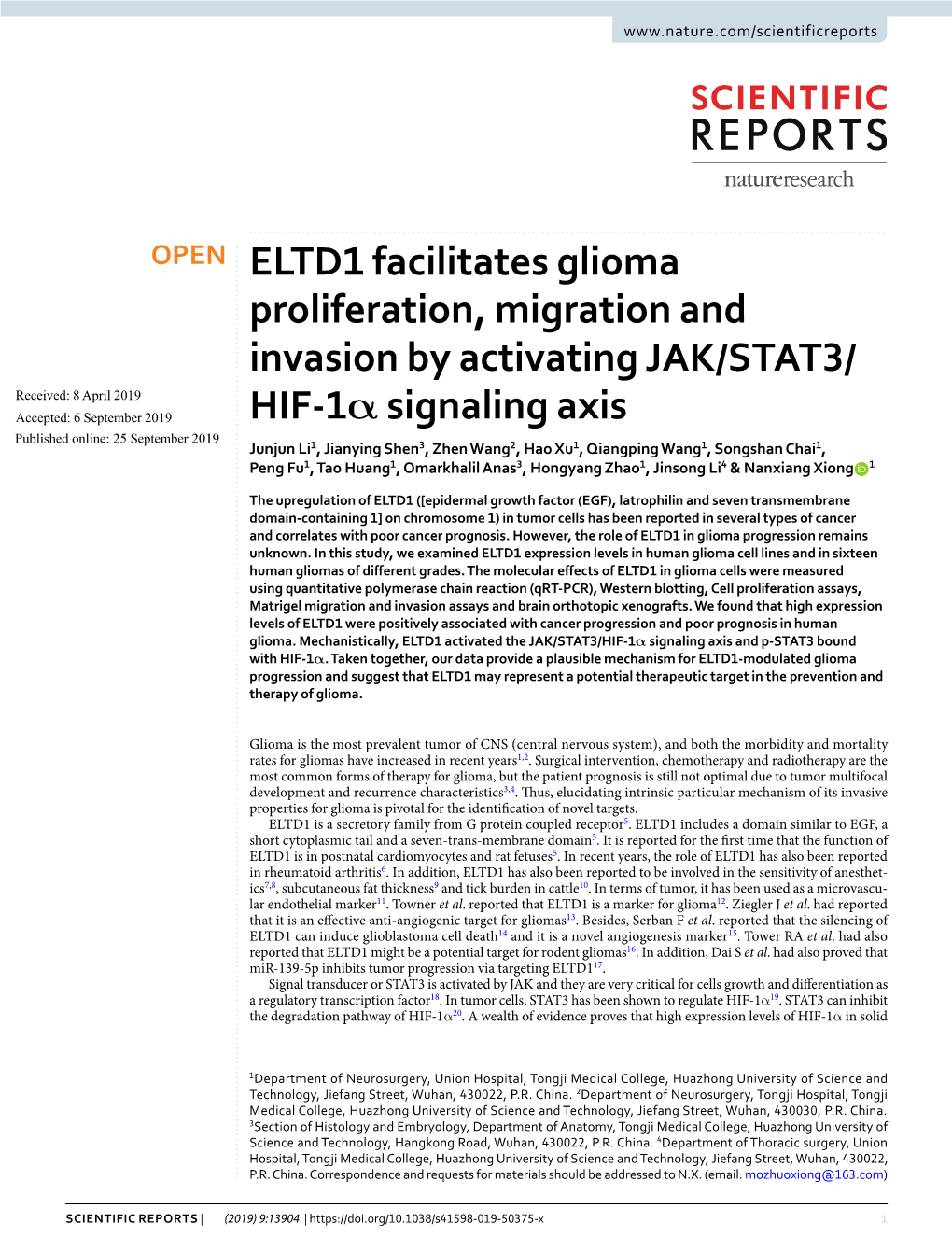 ELTD1 Facilitates Glioma Proliferation, Migration and Invasion by Activating
