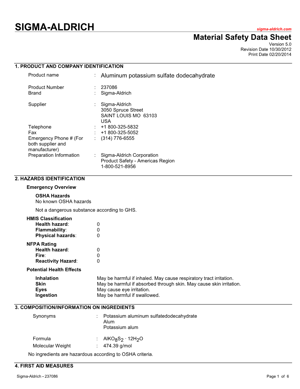 Aluminum Potassium Sulfate, Dodecahydrate