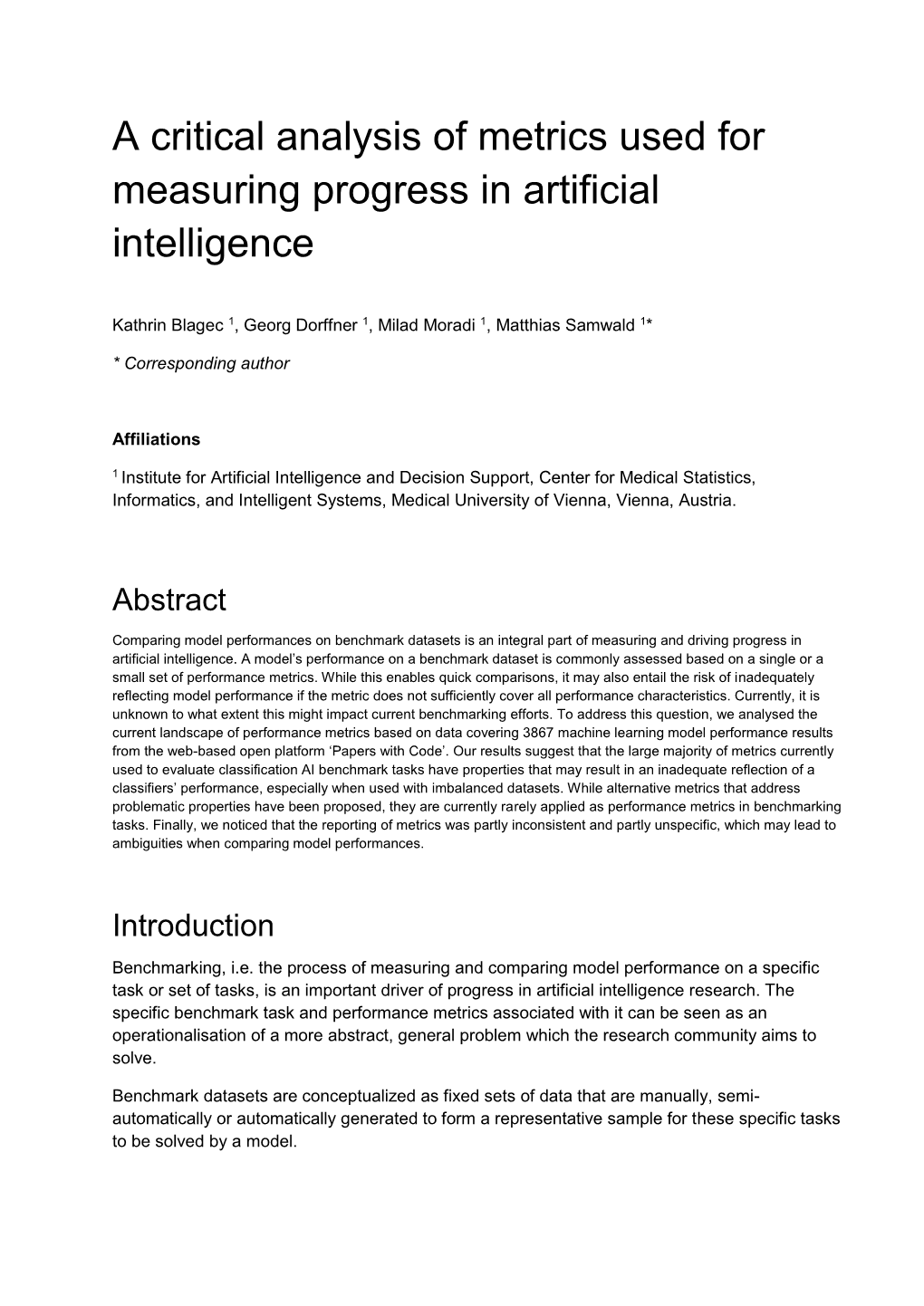 A Critical Analysis of Metrics Used for Measuring Progress in Artificial Intelligence