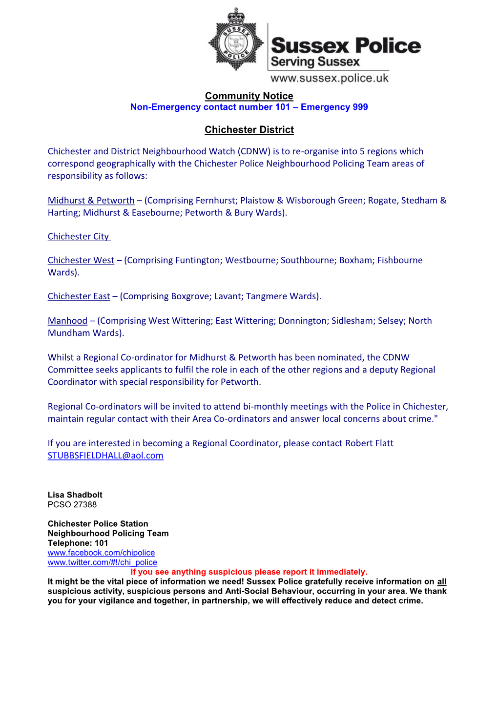 Community Notice Chichester District Chichester and District Neighbourhood Watch (CDNW) Is to Re-Organise Into 5 Regions Which C