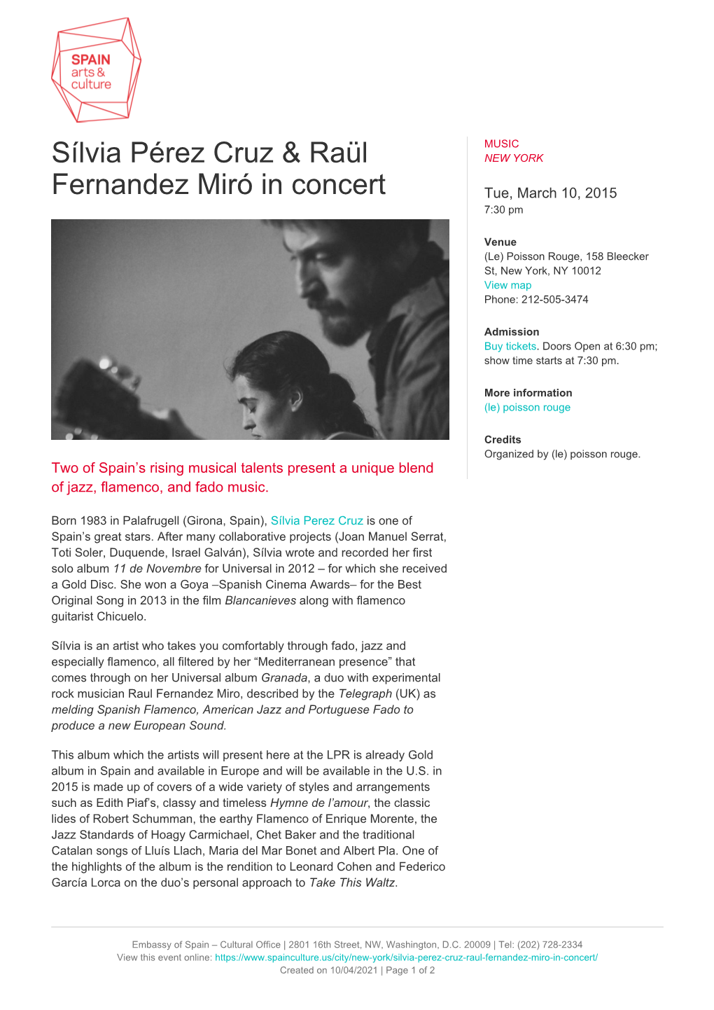 Sílvia Pérez Cruz & Raül Fernandez Miró in Concert