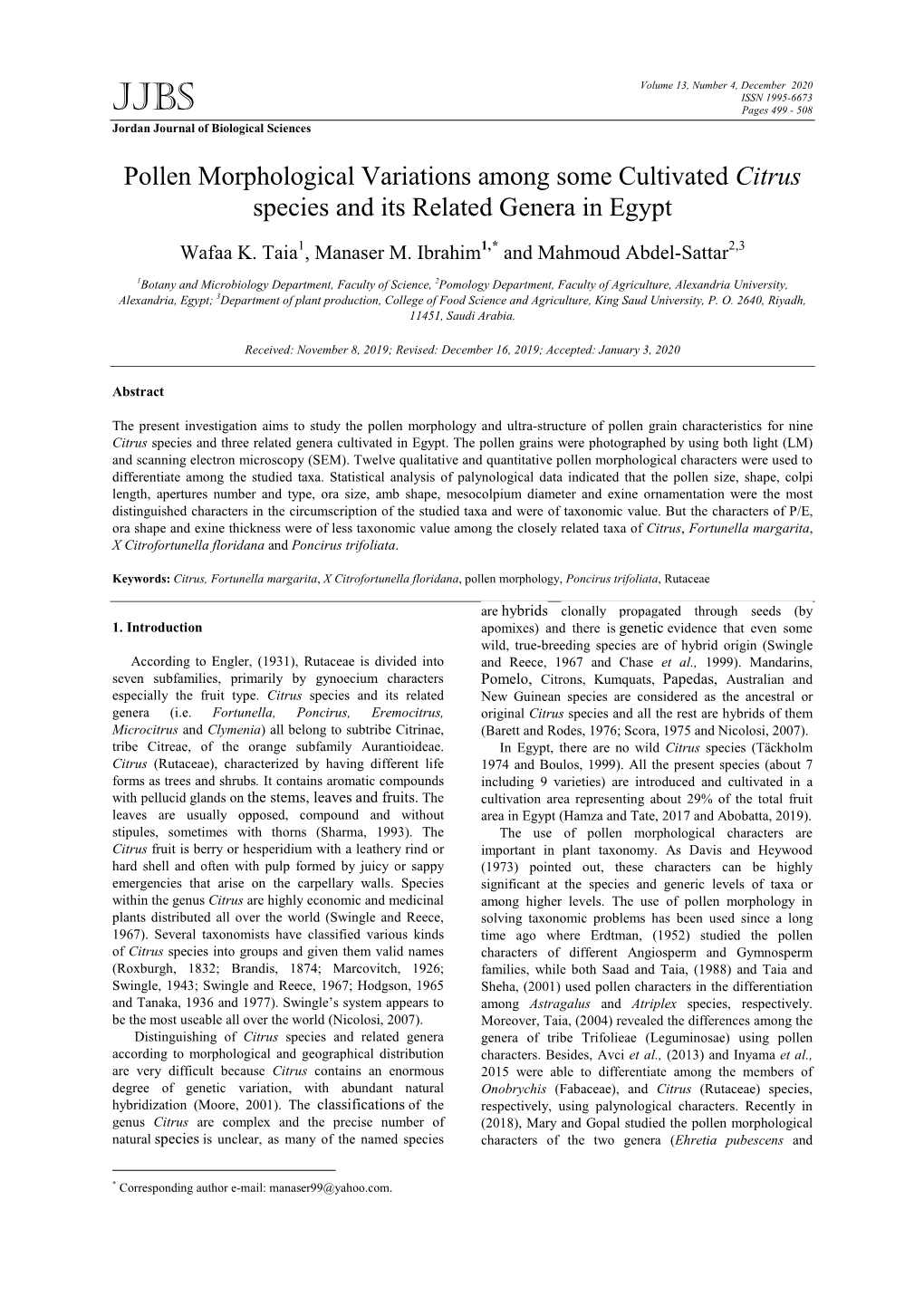 Pollen Morphological Variations Among Some Cultivated Citrus Species and Its Related Genera in Egypt