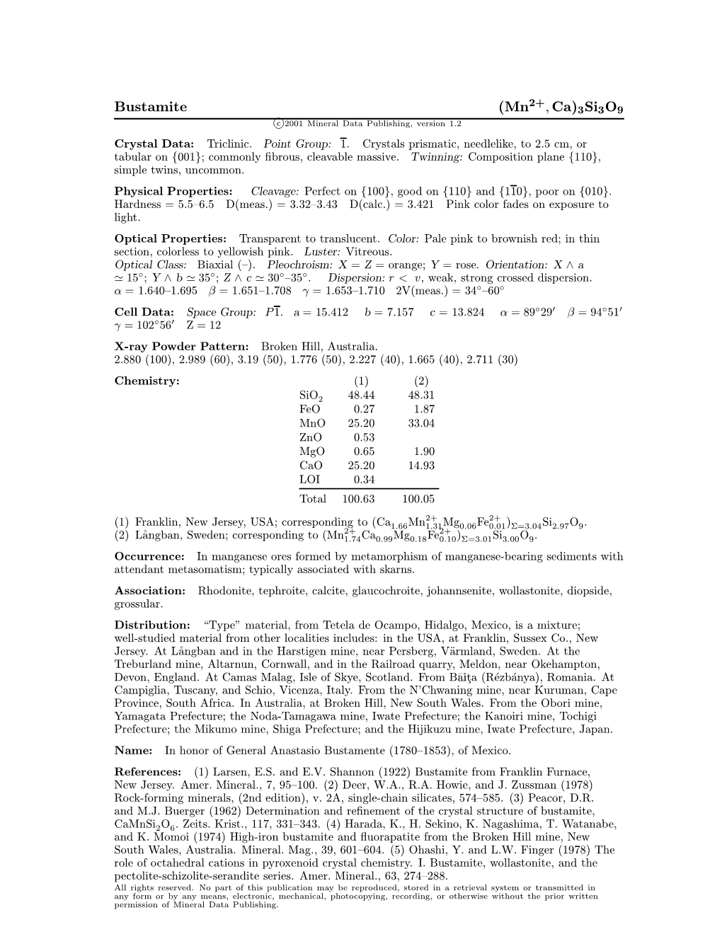 Bustamite (Mn ; Ca)3Si3o9 C 2001 Mineral Data Publishing, Version 1.2 ° Crystal Data: Triclinic