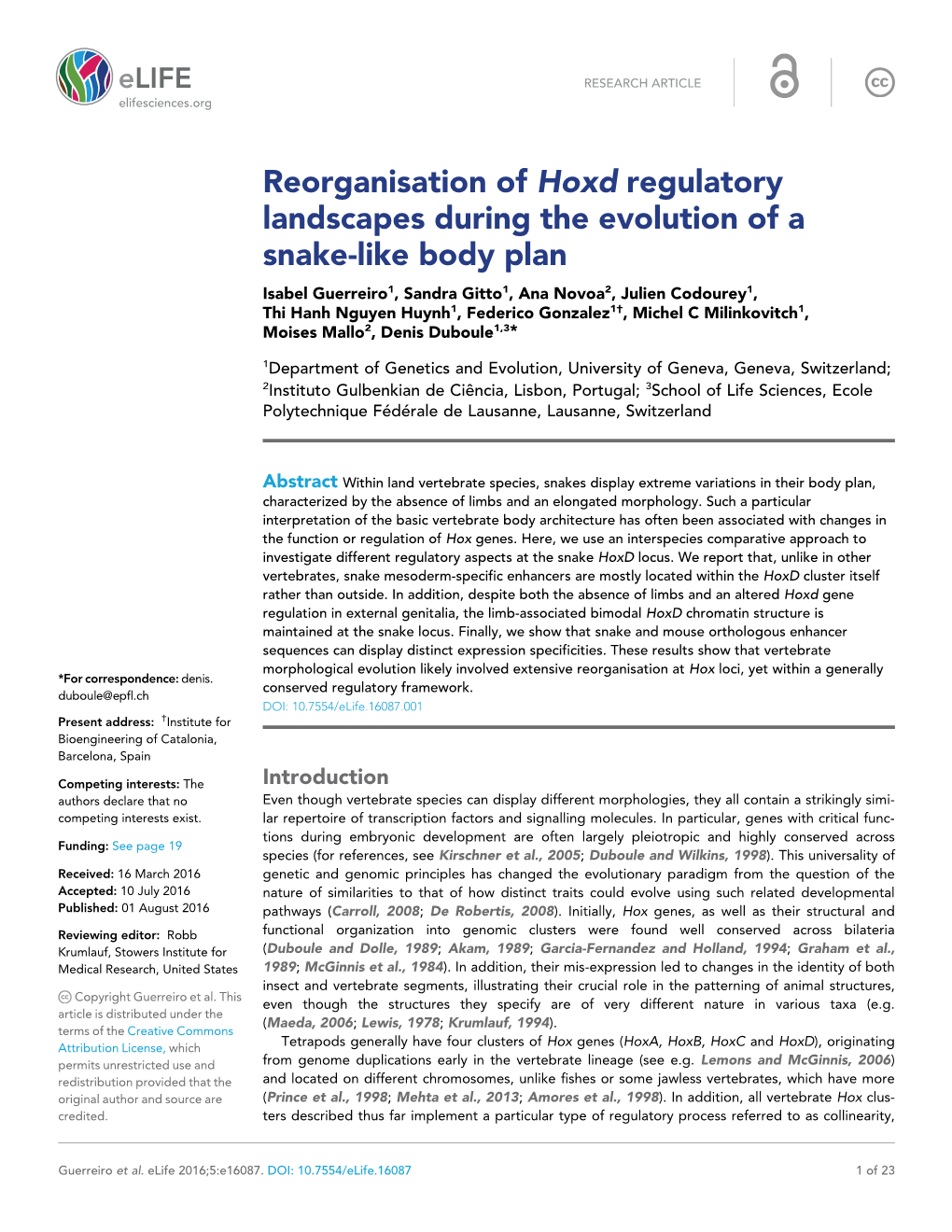 Reorganisation of Hoxd Regulatory Landscapes During the Evolution Of
