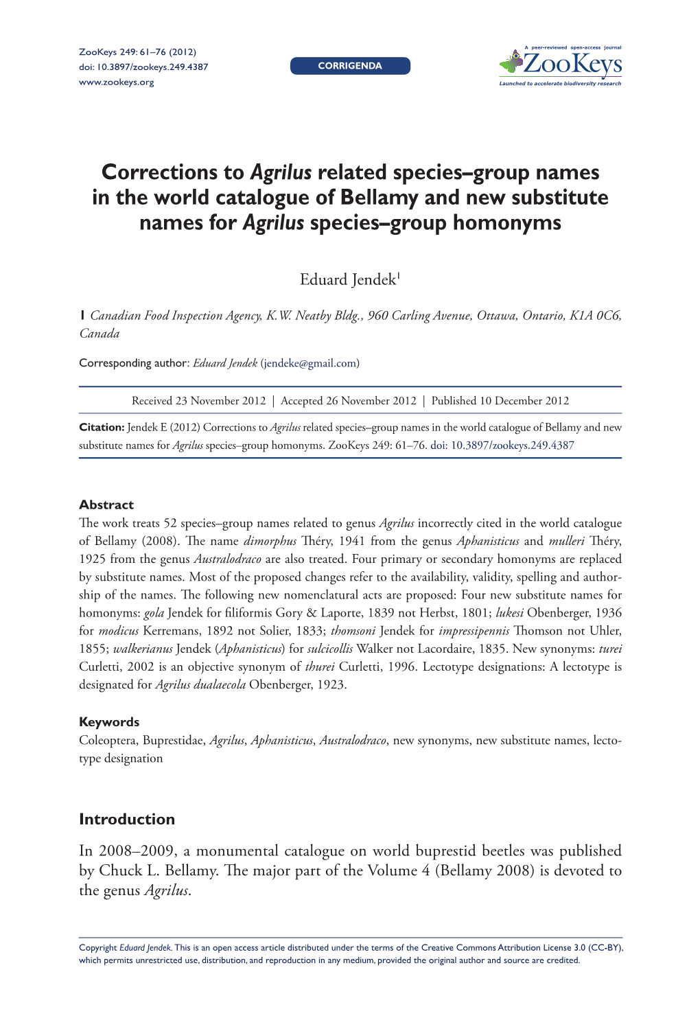 Corrections to Agrilus Related Species–Group Names in the World Catalogue of Bellamy and New Substitute Names for Agrilus Species–Group Homonyms