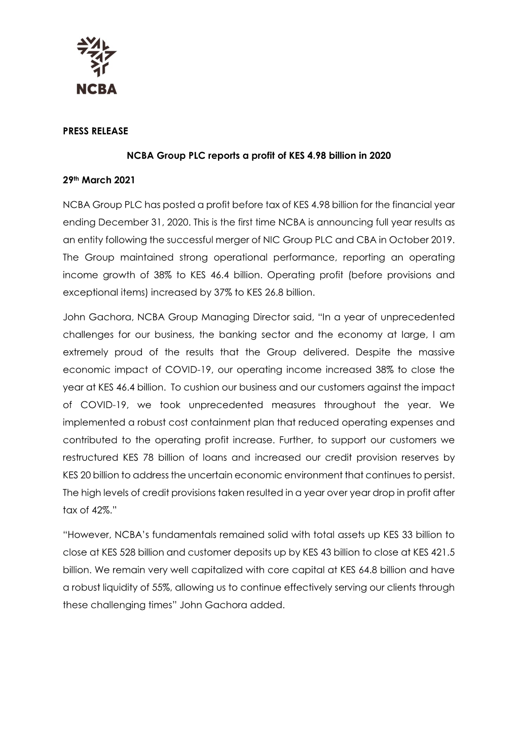 PRESS RELEASE NCBA Group PLC Reports